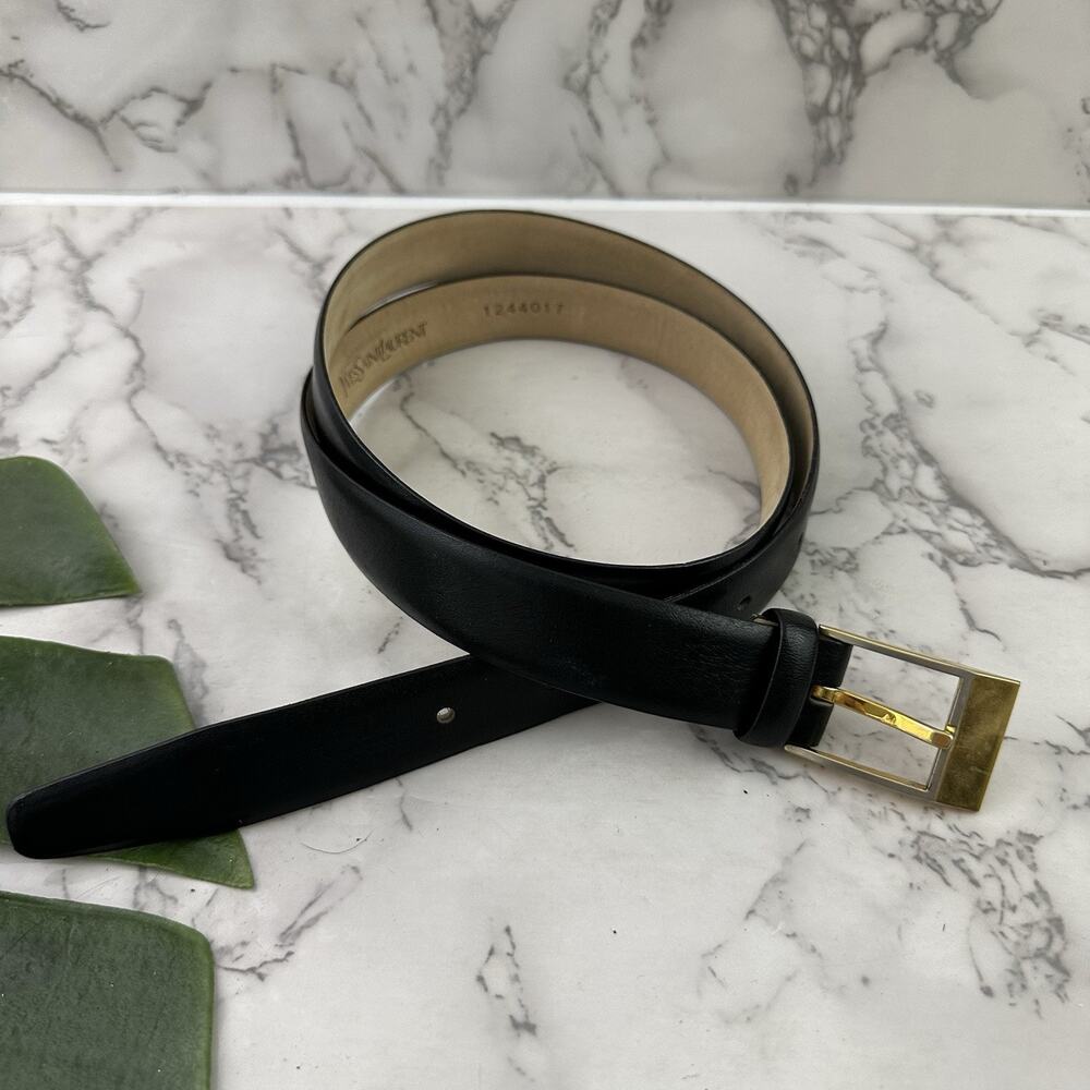 YSL Yves Saint Laurent Mens Burnished Calf Leather Belt Size 36 Black Gold